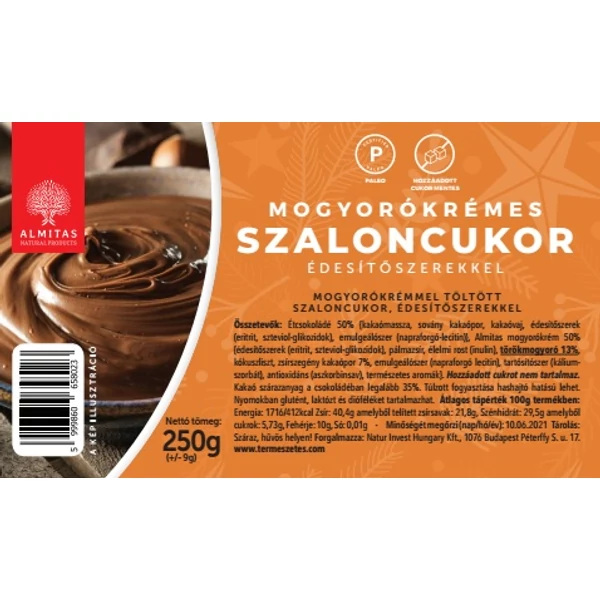 Szaloncukor Mogyorókrémes, édesítőszerekkel 250 g 