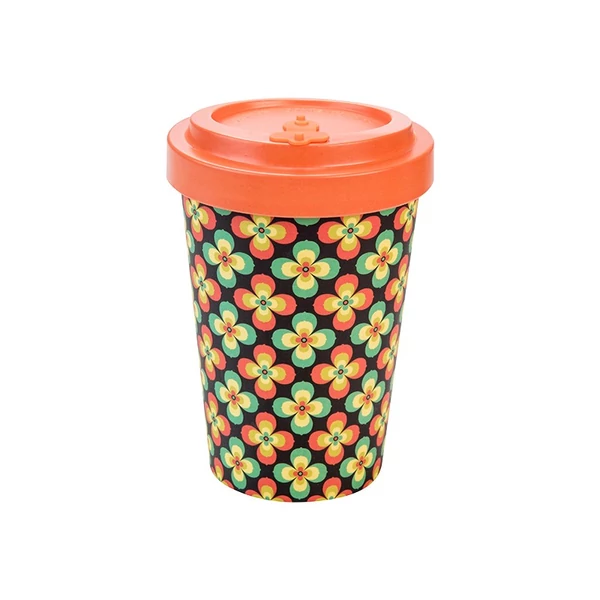 Bambusz kávéspohár műanyag tetővel 400 ml retro flowers - Woodway