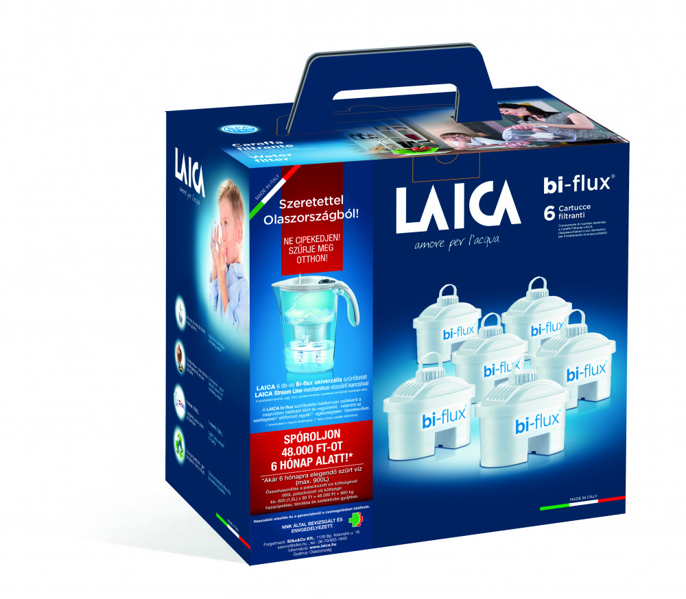 LAICA vízszűrő ajándékszett: Stream Line mechanikus vízszűrő kancsó 6 db bi-flux univerzális szűrőbetéttel